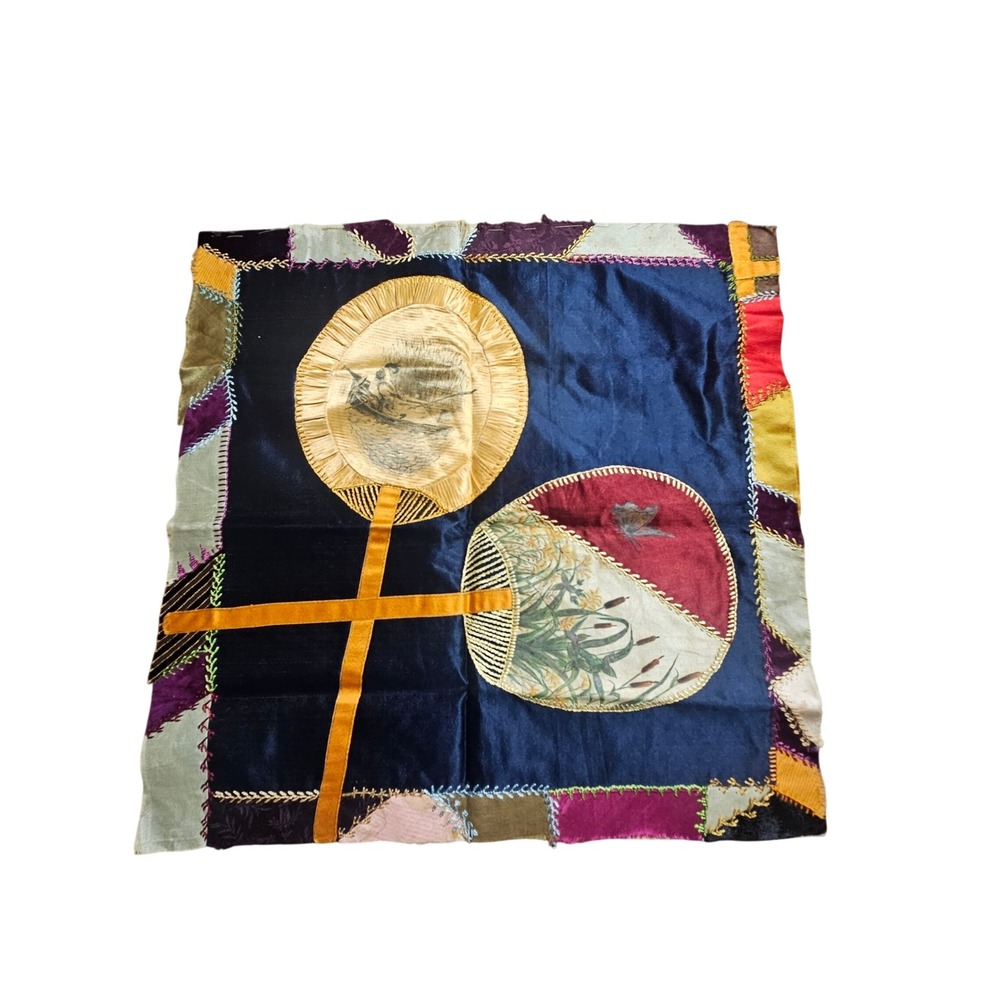 Antique Victorian Crazy Quilt Square Velvet Silk Hand Stitched Fan Motif 16x16